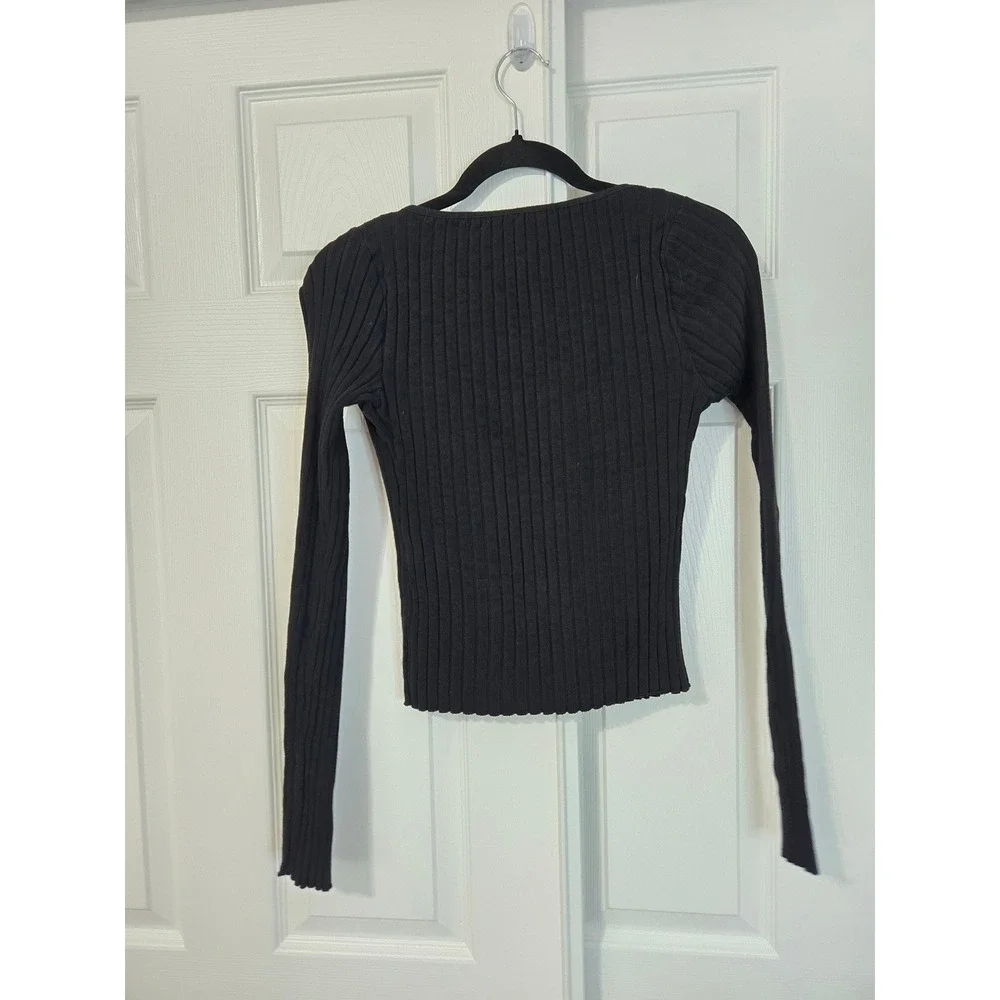 Free People Black Ribbed Knit Button Front V-Neck Cardigan Top Small